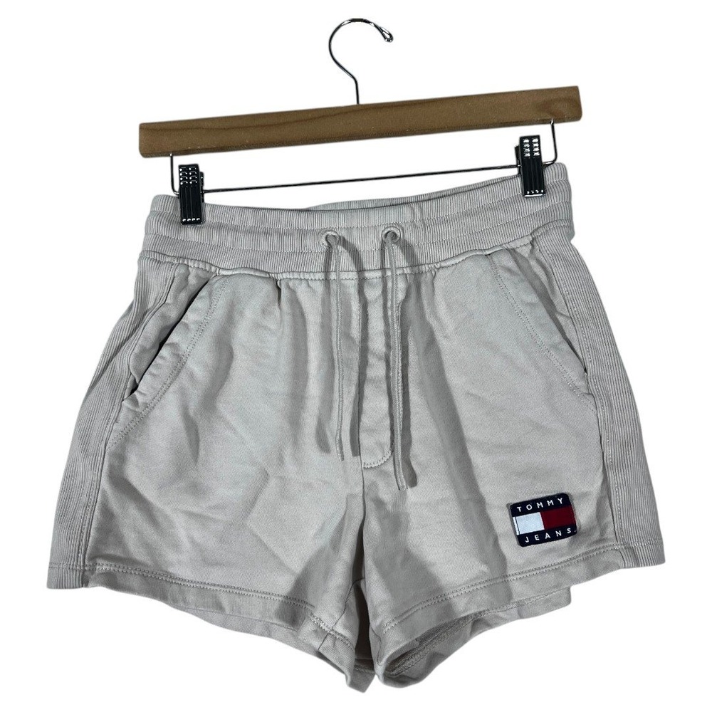 Tommy Jeans French Terry Solid Sweat Shorts Beige Tan Sporty Flag Logo Size S